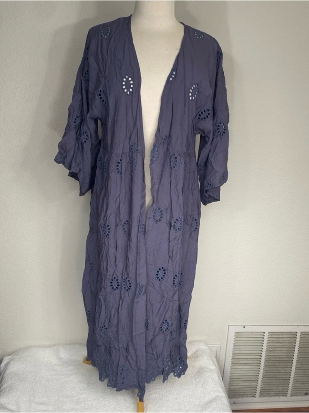 NWOT New Time And Tru Womens Gray Blue Eyelet Long Kimono Size S/M Boho Hippie